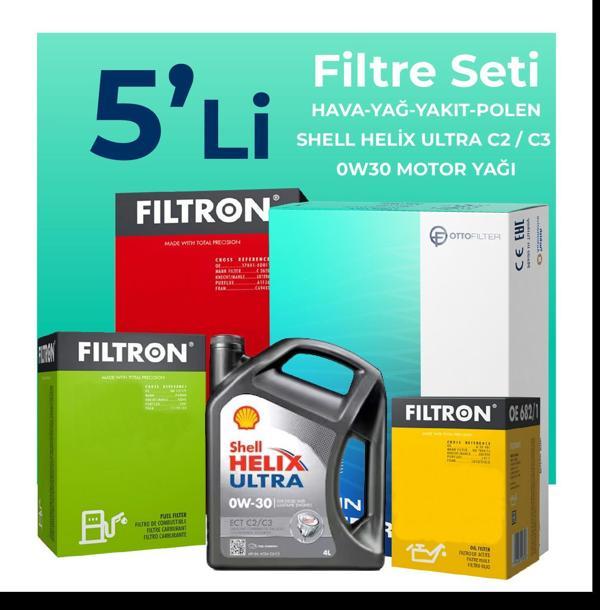Filtron Peugeot 208 1.6 BlueHDi Dizel Filtre Bakım Seti Shell Motor Yağlı (2016-2019) 5 Li - Image 1