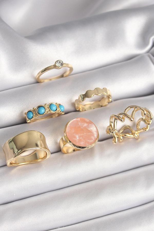 Pirinç Gold Renk Daire Pembe Mineli Zirkon Taş Detaylı 6'Lı Kadın Yüzük Seti - TJ-BYK3610 - Image 1