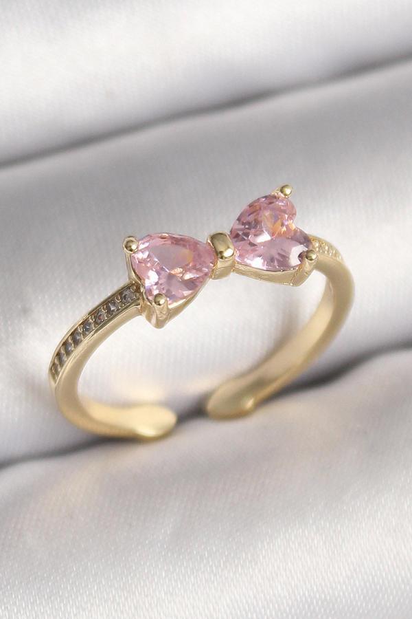 Pirinç Gold Renk Pembe Zirkon Taşlı Kalp Fiyonk Model Kadın Yüzük - TJ-BYK3641 - Image 1