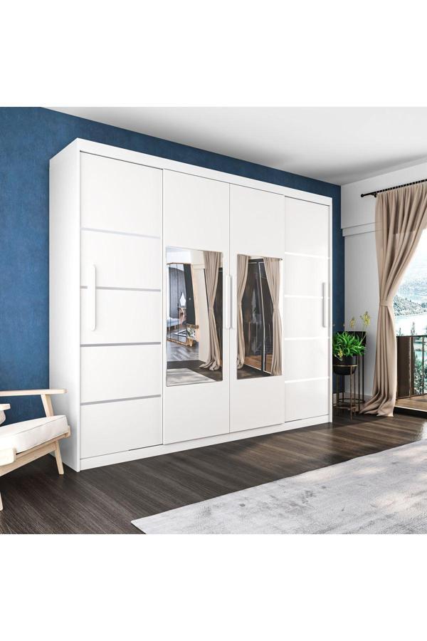 Yilwood Sürgülü Gardırop Dört Kapaklı Aynalı Beyaz Dolap 320*230 Cm - Image 1