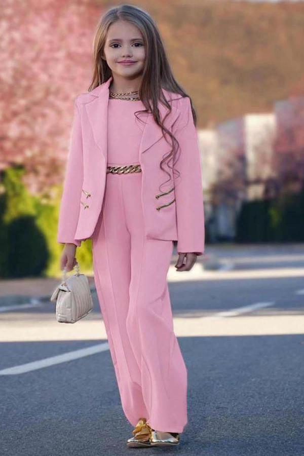 Kız Çocuk Blazer Ceket ve Zincir Detaylı Pudra Tulum - Image 1