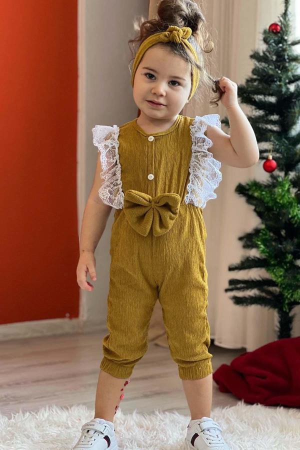 Kız Çocuk Omuzdan Göğse Dantel İşlemeli Beli Fiyonk Detaylı Bandanalı Hardal Tulum - Image 1