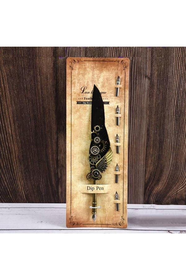 Sanathobi Kaligrafi Tüy Divit Kalem Seti, Yazı Kalem Seti, Retro Dekoratif Kalem Metal, 1 Kalem 6 Uç-Siyah - Image 1