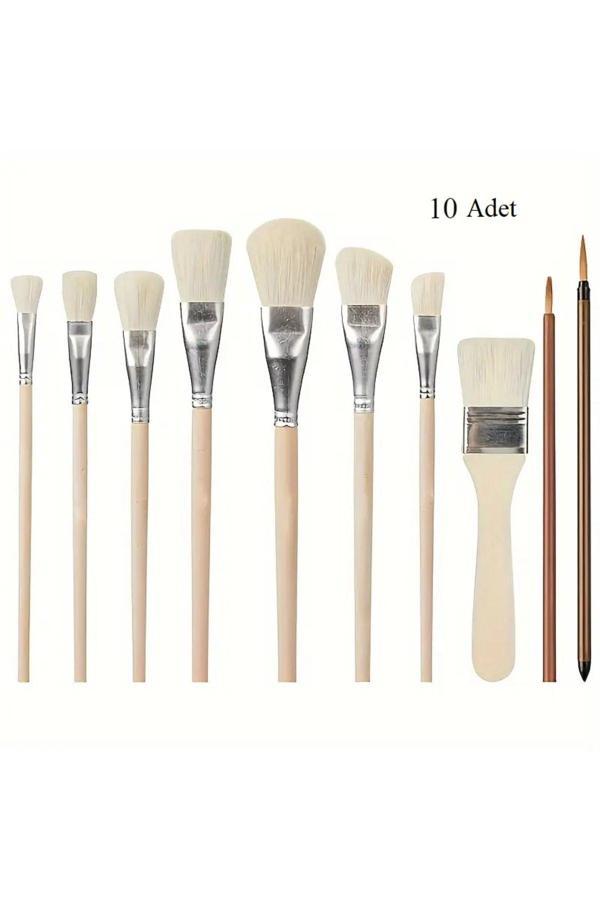 Sanathobi Seramik Sırlama Fırça Seti, Seramik Boyama, Yaldızlama, Çini, Vazo, Hobi Işleri, Koyun Tüyü-Set 10Ad - Image 1