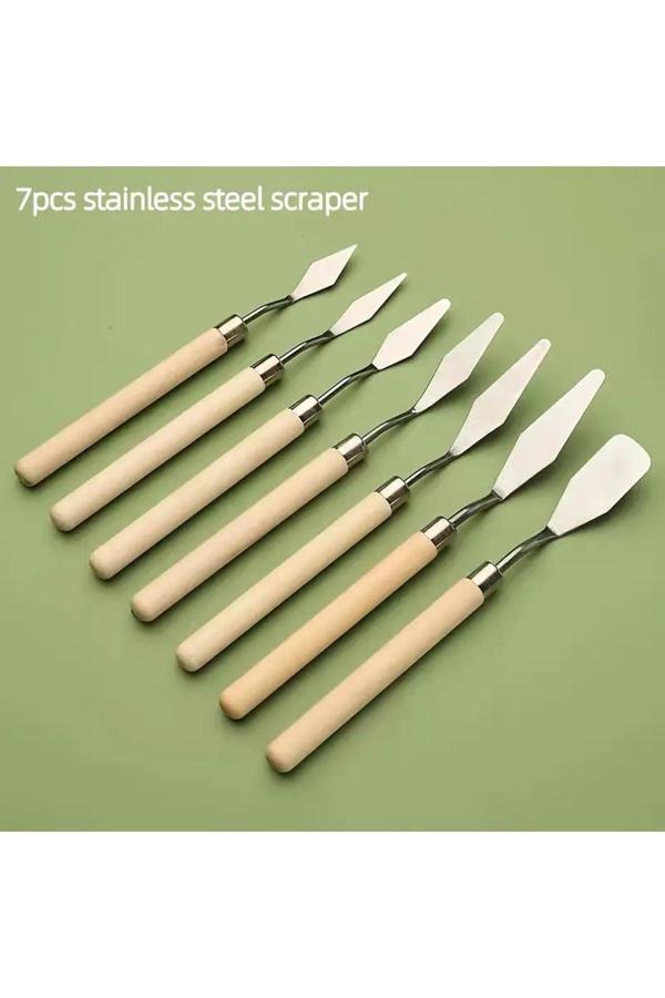 Sanathobi Spatula Seti Spatul Akrilik Yağlı Boya Hobi Çalışmaları 7 Li-Palet Bıçağı Seti-Ahşap Sap - Image 1