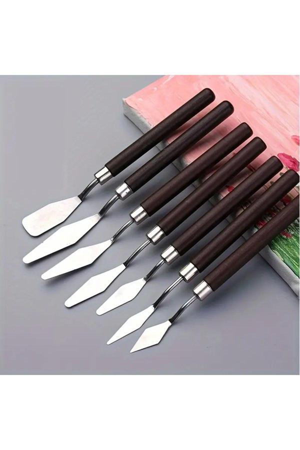 Sanathobi Spatula Seti Spatul Akrilik, Yağlı Boya, Pasta Süsleme, Kek Şekillendirme 7'Li-Ahşap Sap - Image 1