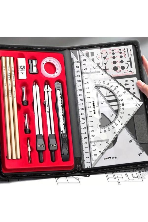 Sanathobi Çizim Seti, Mühendislik, Mimarlık, Mekanik, Pergel, Açı Ölçer, Cetveller-Çantalı Set - Image 1