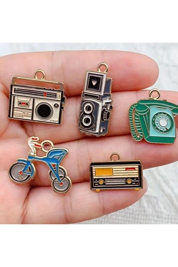 Sanathobi Vintage Kolye, Nostalji Kolye, Özel Tasarım Boyalı Retro Kolye-10 Adet - Image 1