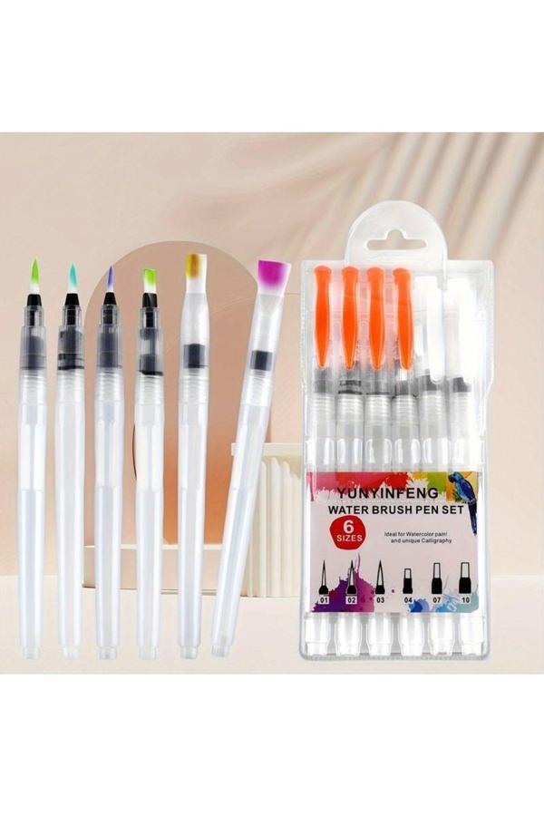 Sanathobi Fırça Uçlu, Brush Pen Set, Suluboya Fırçaları/Mürekkep Hazneli Fırça Kalem Seti-Paketli 6'Lı Set - Image 1