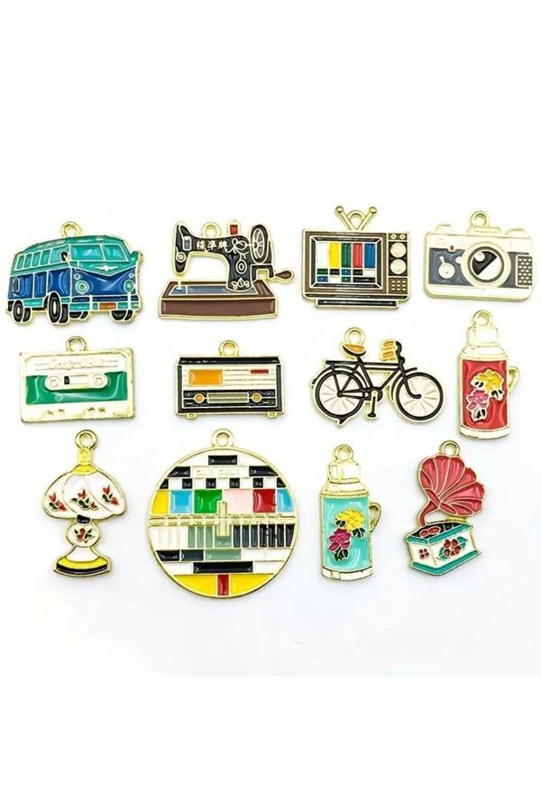 Sanathobi Vintage Kolye, Nostalji Kolye, Özel Tasarım Boyalı Retro Kolye-12 Adet - Image 1
