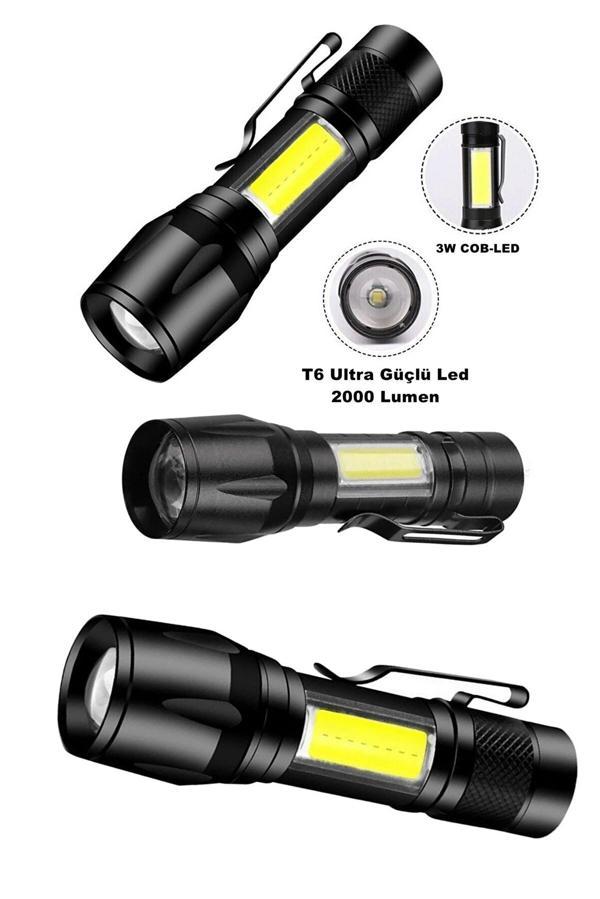 Ultra Çift Yönlü Güçlü Pilli Led El Feneri 2000 Lümen + 6w Cob Led Su Geçirmez Zoomlu 3 Modlu - Image 1