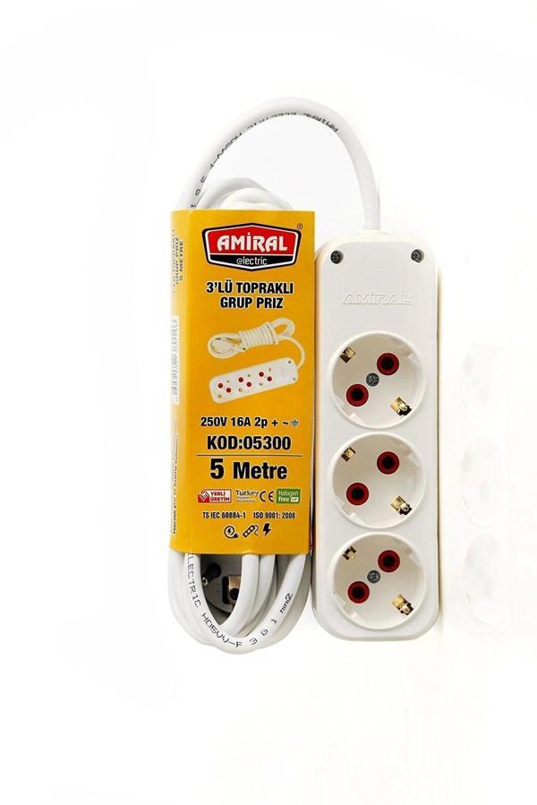 Amiral 3' Lü Topraklı 5 Metre Kablolu Grup Priz - Image 1