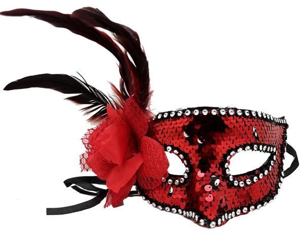 Kırmızı Renk Yandan Tüylü Güllü Gümüş Taşlı Pullu Maske 20x22 Cm - Image 1