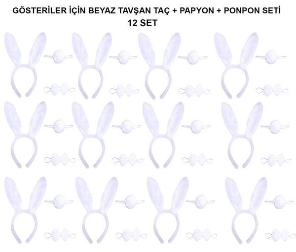 Beyaz Tavşan Kostüm Seti – Taç, Papyon, Kuyruk (12’li Paket) - Image 1