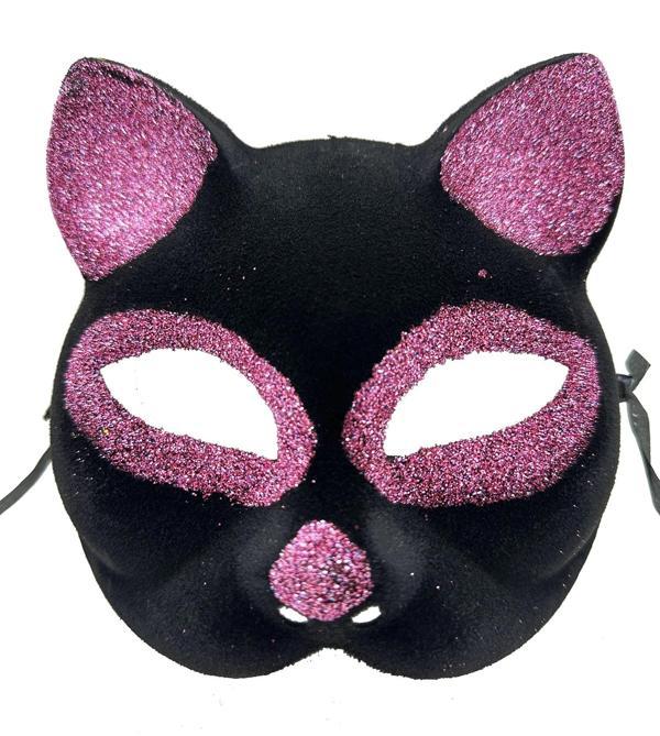 Siyah Renk Pembe Simli Süet Kaplama Kedi Maskesi 18x14 Cm - Image 1