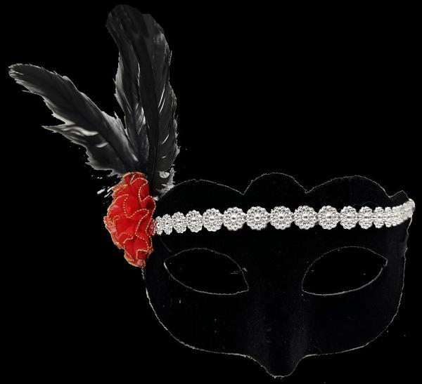Siyah Renk Süet Kaplama Gümüş Dantelli Kırmızı Gül Tasarımlı Parti Maskesi 18x20 Cm - Image 1