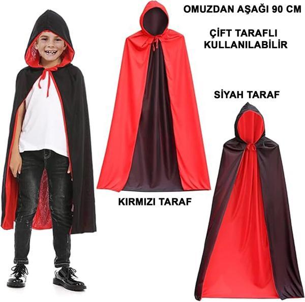 Çift Taraflı Kullanılabilir Siyah Kırmızı Yakalı Pelerin 90 Cm Çocuk - Image 1