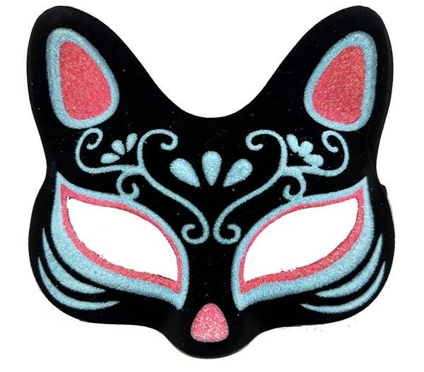 Siyah Renk Süet Kaplama Üzeri Mavi Kırmızı Simli Kedi Maskesi 17x14 Cm - Image 1