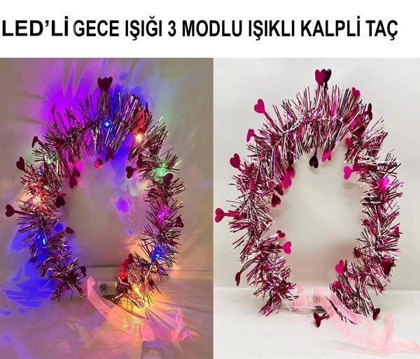 Kalp Püsküllü Gece Parıltısı 3 Modlu Led39li Işıklı Taç Fuşya Renk - Image 1