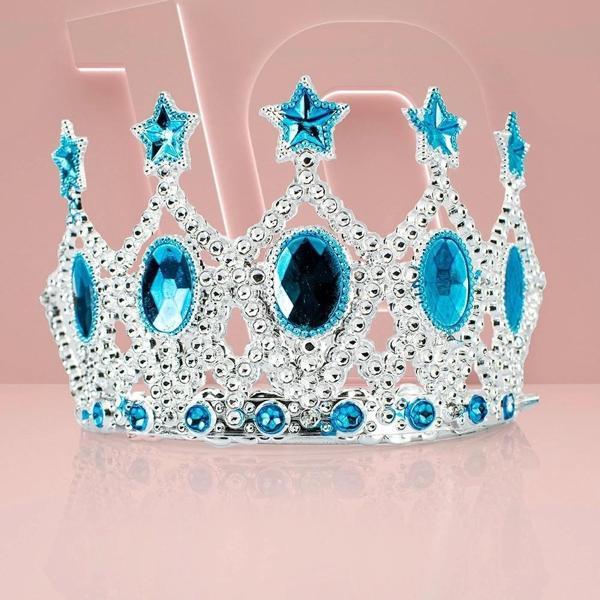 Çocuk Kraliçe Tacı - Mavi Yıldız İşlemeli Prenses Tacı 15x7 Cm - Image 1