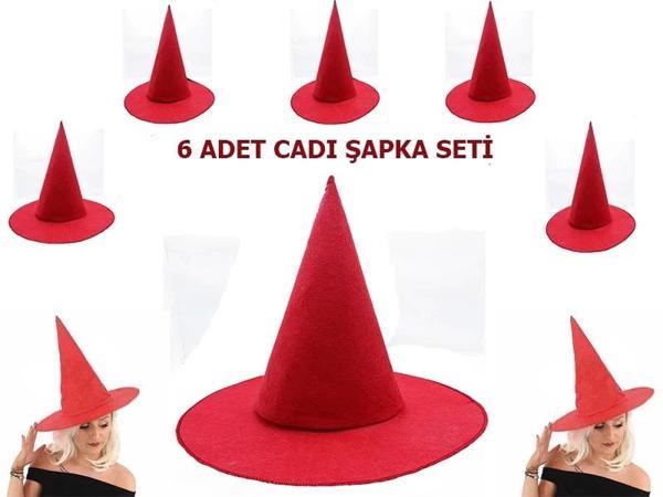 Kırmızı Renk Keçe Cadı Şapkası Yetişkin Çocuk Uyumlu 6 Adet - Image 1