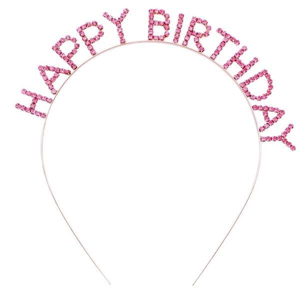 Pembe Renk Kristal Taşlı Gold Renk Kaplama Happy Birthday Taç 16x17 Cm - Image 1
