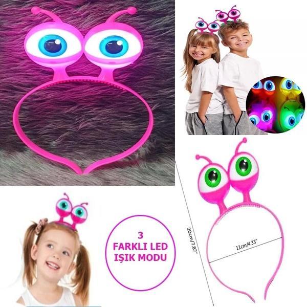 Led Işıklı  Pilli 3 Farklı Modda Yanan Uzaylı Göz Parti Tacı Pembe Renk 18x12 Cm - Image 1