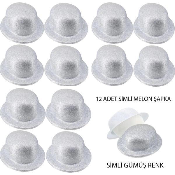 Gümüş Renk Simli Melon Yuvarlak Parti Şapkası 12 Adet - Image 1