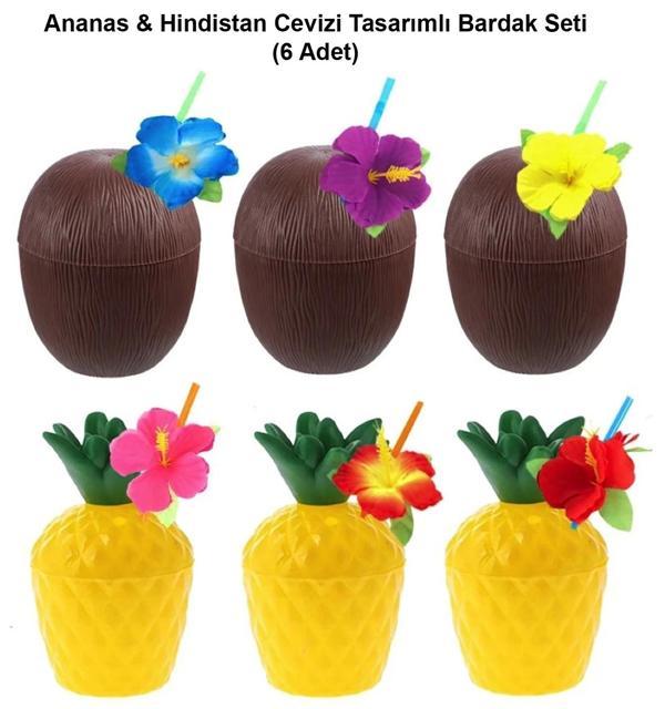 Ananas  Hindistan Cevizi Tasarımlı Pipetli Bardak Seti (6 Adet) - Image 1