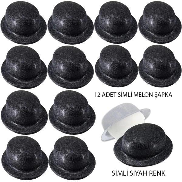 Siyah Renk Simli Melon Yuvarlak Parti Şapkası 12 Adet - Image 1