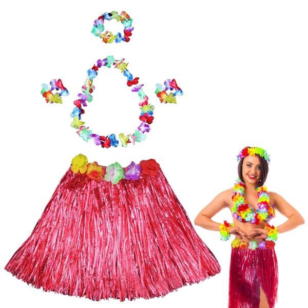 Hawaii Dans Kostümü – Kırmızı Hula Etek  Çiçek Kolye Seti - Image 1