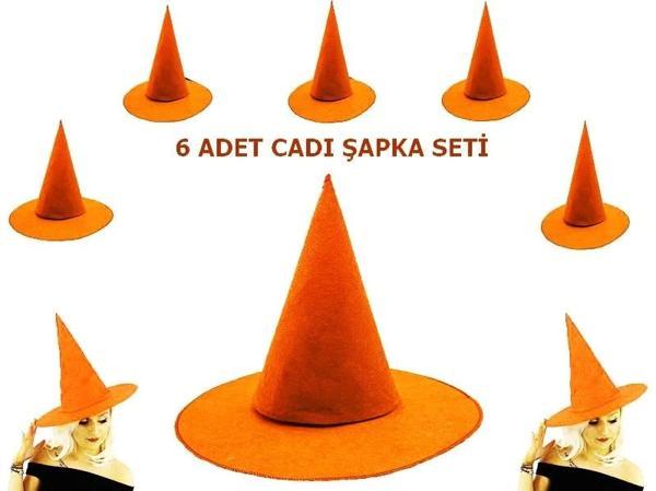 Turuncu Renk Keçe Cadı Şapkası Yetişkin Çocuk Uyumlu 6 Adet - Image 1