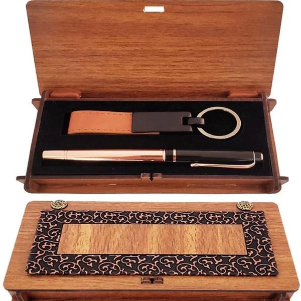 Ahşap Kutulu Bakır Roller Kalem Ve Taba Anahtarlık Set - Image 1