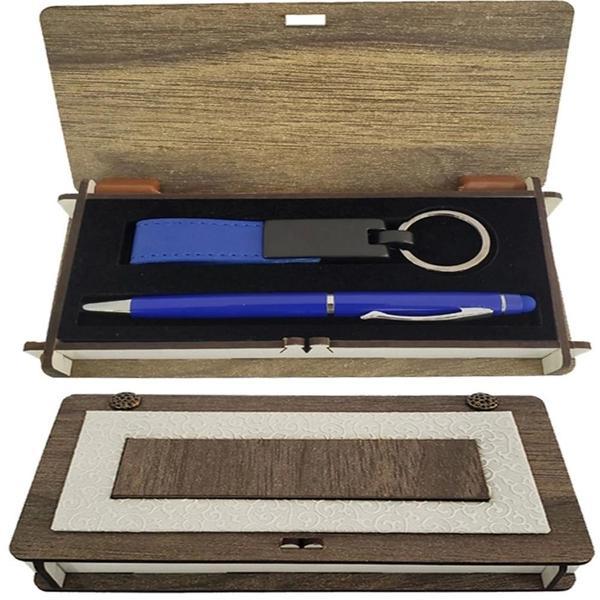 Ahşap Kutulu Mavi Kalem Anahtarlık Set - Image 1