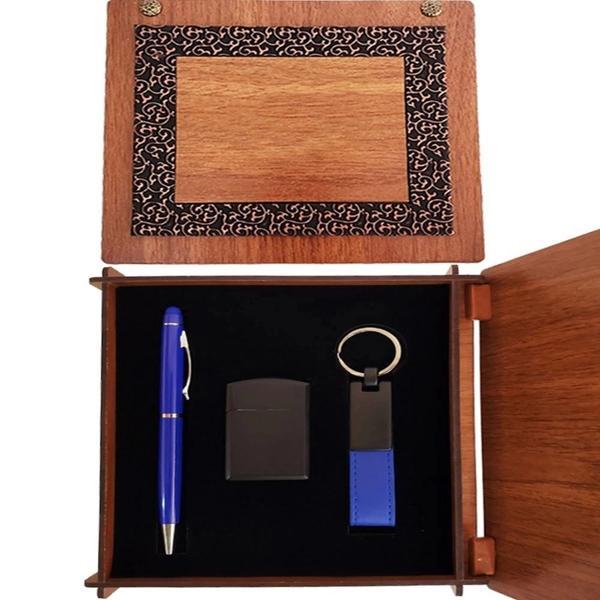 Ahşap Kutulu Mavi Kalem Anahtarlık Ve Çakmak Set - Image 1