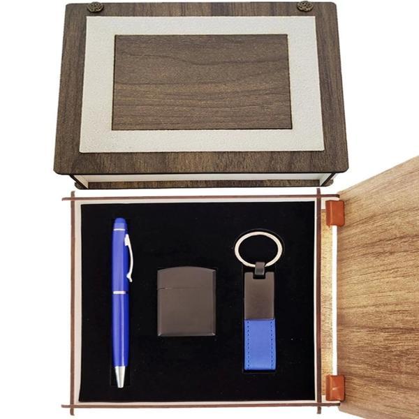 Özel Ahşap Kutulu Lacivert Kalem Anahtarlık Ve Çakmak Set - Image 1