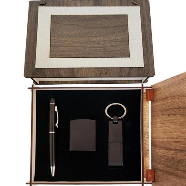 Özel Ahşap Kutulu Mat Siyah Kalem Anahtarlık Ve Çakmak Set - Image 1