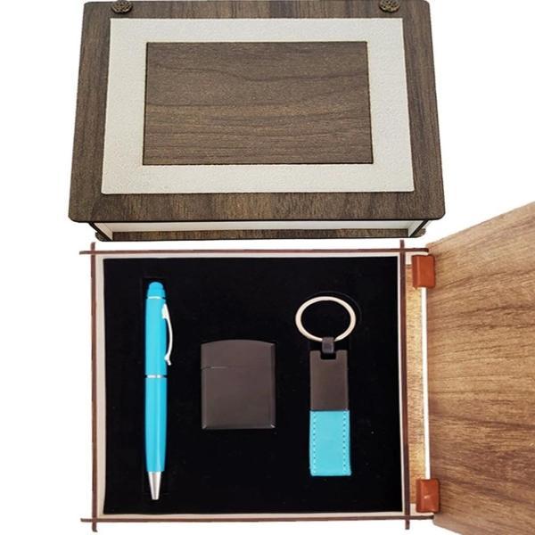 Özel Ahşap Kutulu Mavi Kalem Anahtarlık Ve Çakmak Set - Image 1