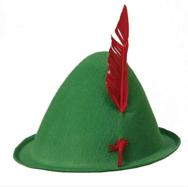 Yeşil Renk Kırmızı Tüylü Peter Pan Şapkası Robin Hood Şapkası 24x23 Cm - Image 1
