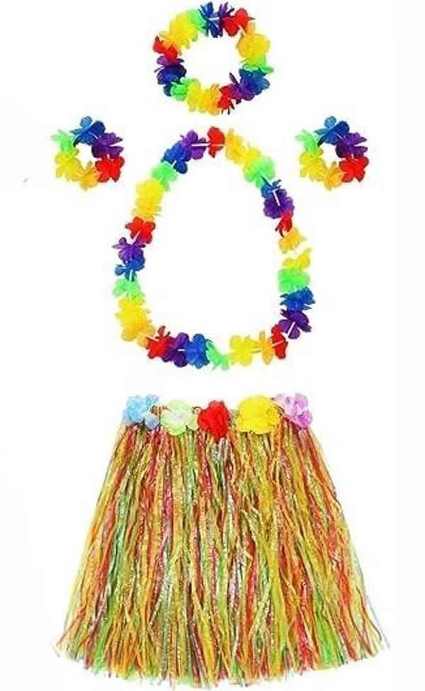 Yetişkin Ve Çocuk Uyumlu Luau Aloha Hawaii  Kolye Renkli Etek Taç Ve Bileklik Seti - Image 1