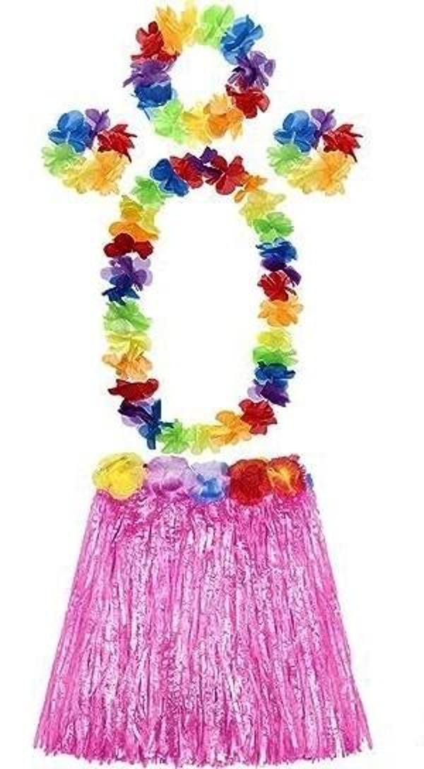Yetişkin Ve Çocuk Uyumlu Luau Aloha Hawaii Pembe Etek Ve Renkli Kolye Taç 2 Adet Bileklik Seti - Image 1