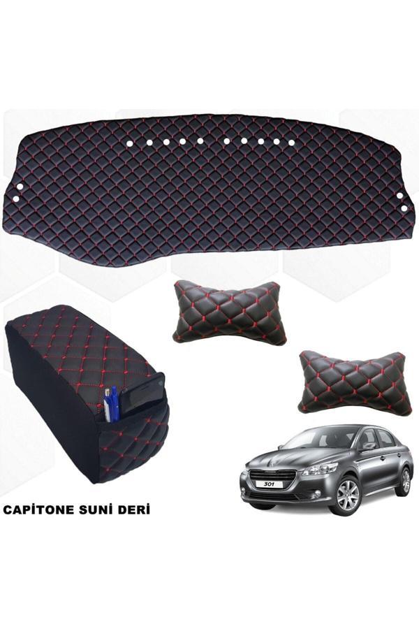 Caraks Peugeot 301 Uyumlu Ön Göğüs Halısı + Kolçak + Boyunluk Siyah-Kırmızı - Image 1