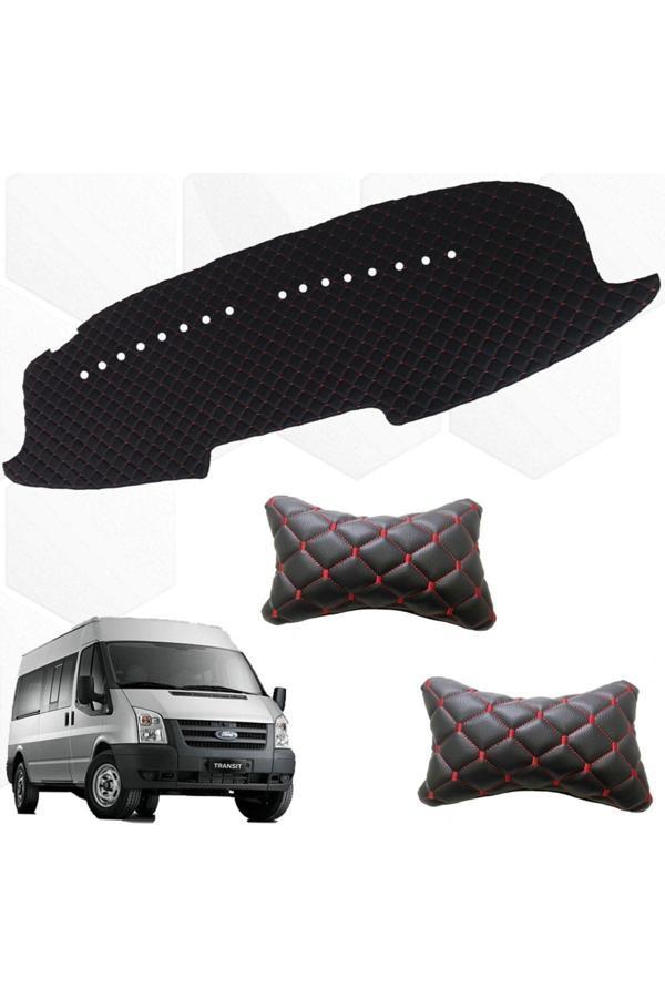 Caraks Transit Göğüs Halısı+2 Adet Boyunluk 2007-2013 Arası Capiton Suni Deri 1. Kalite Siyah-Kırmızı Dikiş - Image 1