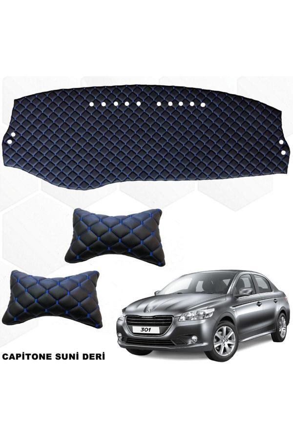 Caraks Peugeot 301 Uyumlu Ön Göğüs Halısı + Boyunluk 1.Kalite Siyah-Mavi - Image 1