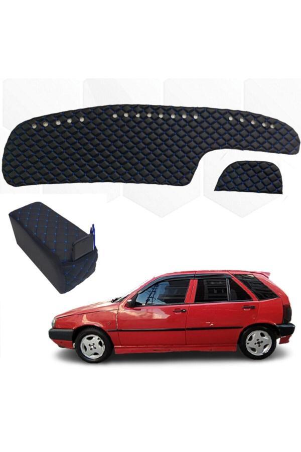 Caraks Fiat Tipo Kolçak + Göğüs Halısı Siyah-Mavi Suni Deri - Image 1