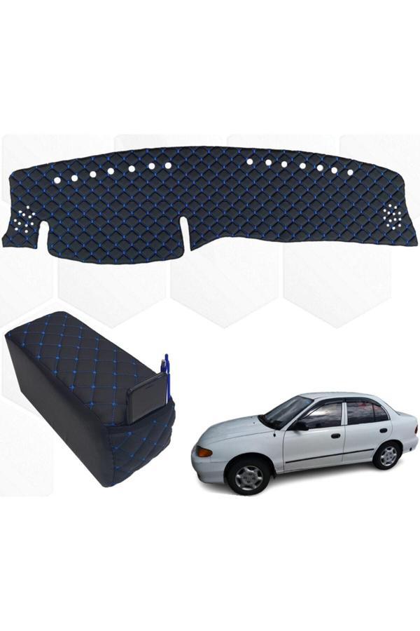 Caraks Hyundai Accent Göğüs Halısı + Kolçak 1995-2000 Mavi Suni Deri Uyumlu - Image 1