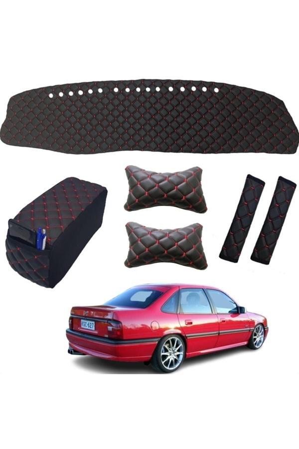 Caraks Opel Vectra A Göğüs Halısı + Boyunluk + Kolçak + Kemer Konfor Siyah-Kırmızı Dikiş Suni Deri- - Image 1