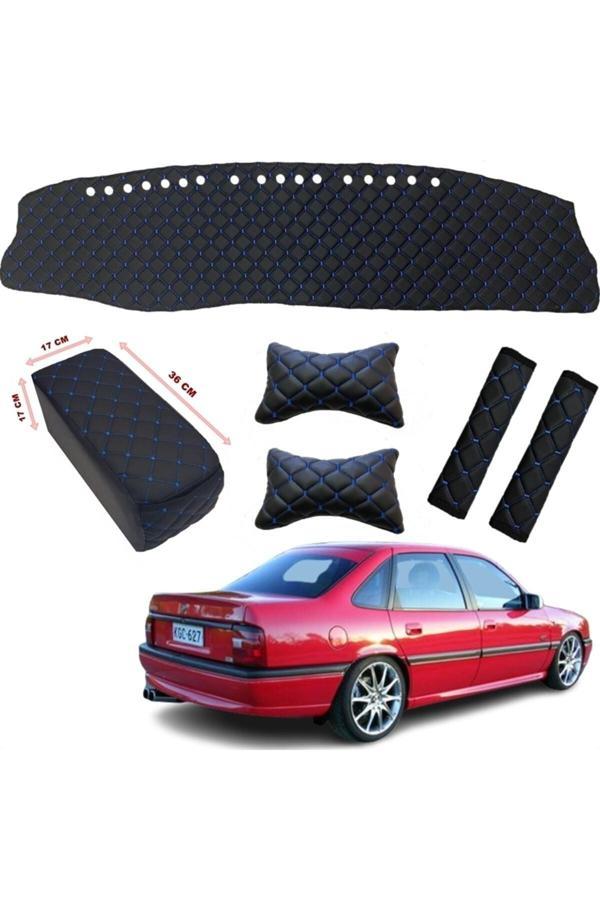 Caraks Opel Vectra A Göğüs Halısı + Boyunluk + Kolçak + Kemer Konfor Siyah-Mavi Dikişli Suni Deri- - Image 1