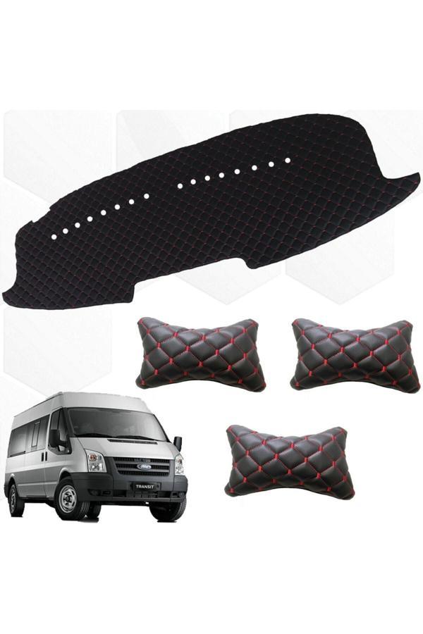 Caraks Transit Göğüs Halısı+3 Adet Boyunluk 2007-2013 Arası Capiton Suni Deri 1. Kalite Siyah-Kırmızı Dikiş - Image 1