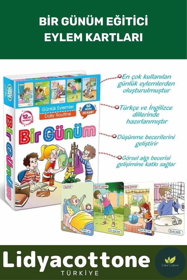 Zeka Geliştirici Dil Eğitici Kişisel Gelişim Çocuk Bir Günüm Eylem Resimli Aktivite Kartları - Image 1